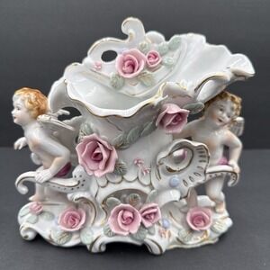 Vintage UCAGCO Ceramics Japan Winged Cherubs Roses Vase Damaged